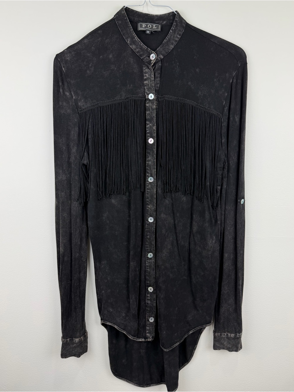 POL Black Mineral Wash Fringe Western Button-Up Shirt Medium